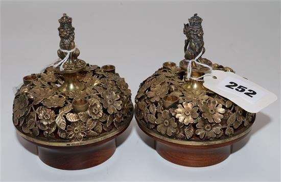 Limited edition silver-gilt Bowes-Lyon taper holders, Hector Miller for Aurum 1983, the Queen Mothers 60 years of service(-)